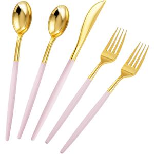 Rubtlamp 90Pcs Gold Plastic Silverware, Fancy Utensils Set With Pink Handles Include 30 Gold Knives, 60Plastic Forks and Spoons, Pink Silverware Heavy Duty For Mother's Day