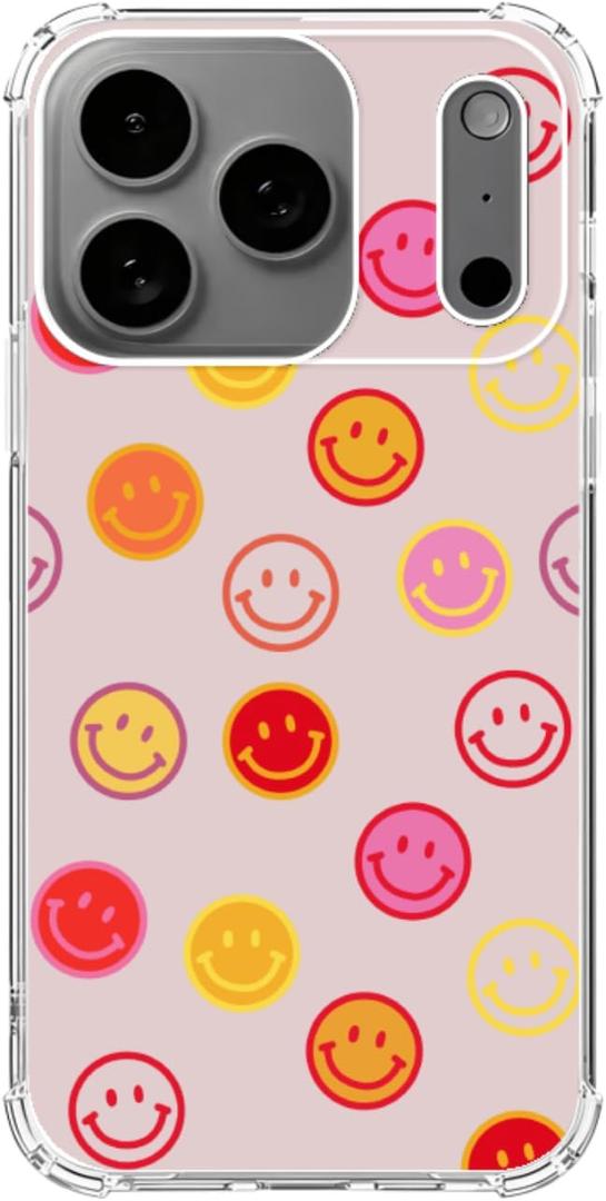 Cute Smiling Face Pattern Phone Case Compatible with iPhone 17 Pro, Pink Color Smile Face Cover, Soft Trendy Soft TPU Bumper Cover Case
