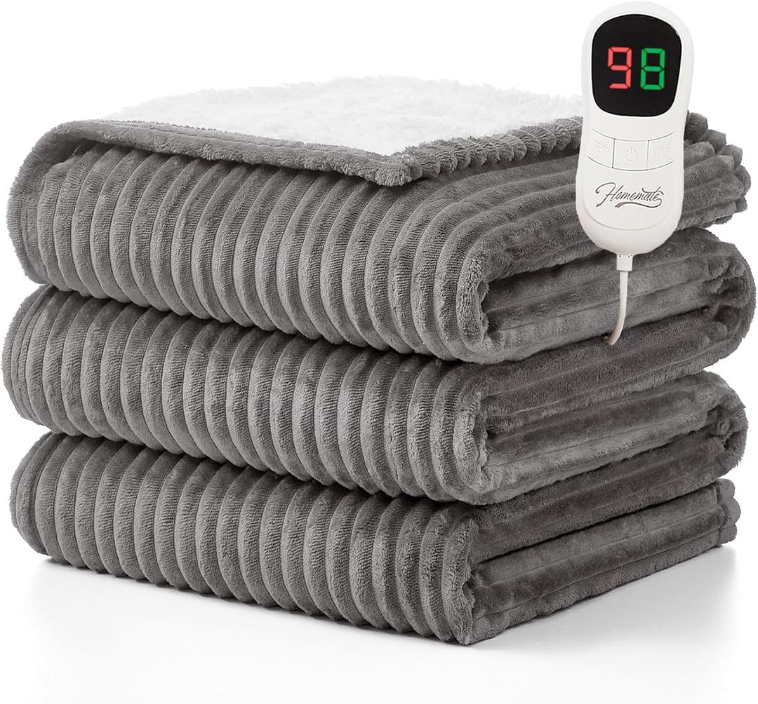 Homemate Heated Blanket Electric Throw - 50"x60" Heating Blanket Throw 1/2/4/6/8 Hours Auto-Off 10 Heat Levels Over-Heat Protection Soft Flannel Sherpa Heater ETL Certification (01 - Light Grey (Striped))