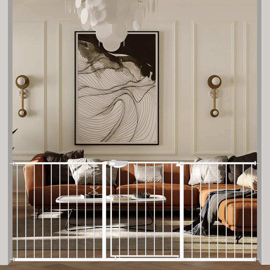 WAOWAO Triple Lock Baby Gate Extra Wide 81.49-85.82" Pressure Mounted Walk Through Swing Auto Close Safety White Metal Dog Pet Puppy Cat for Stairs,Doorways,Kitchen