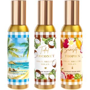 Room Spray, Tidal Coconut, Woven Ocean, Sunset Tropics, 3 Pack, Each 4 fl oz, Air Freshener for Home, Long-Lasting Odor Eliminator for Bathroom and Office