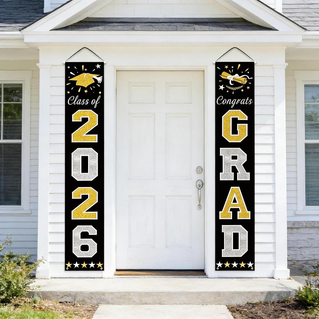 2 x 2026 Graduation Decorations Black and Gold Congrats Grad Banner Class of 2026 Decorations Congratulations Banner for Grad Party Decorations High School College Graduation Party Supplies Indoor Outdoor