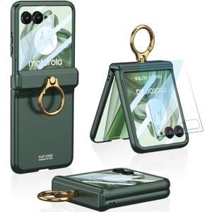 for Motorola Razr Plus 2024 Case with Built-in Front Screen Protector and Ring Kickstand & Magnetic Hinge Protection, Hard PC Slim Shockproof Protective Cover for Motorola Razr+ 2024(Green)