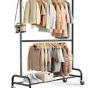 MISSLO Heavy Duty Clothing Racks for Hanging Clothes Rack Double Rod Garment Rack Rolling Closet Wardrobe Rack on Wheels, Metal, Adjustable, Black