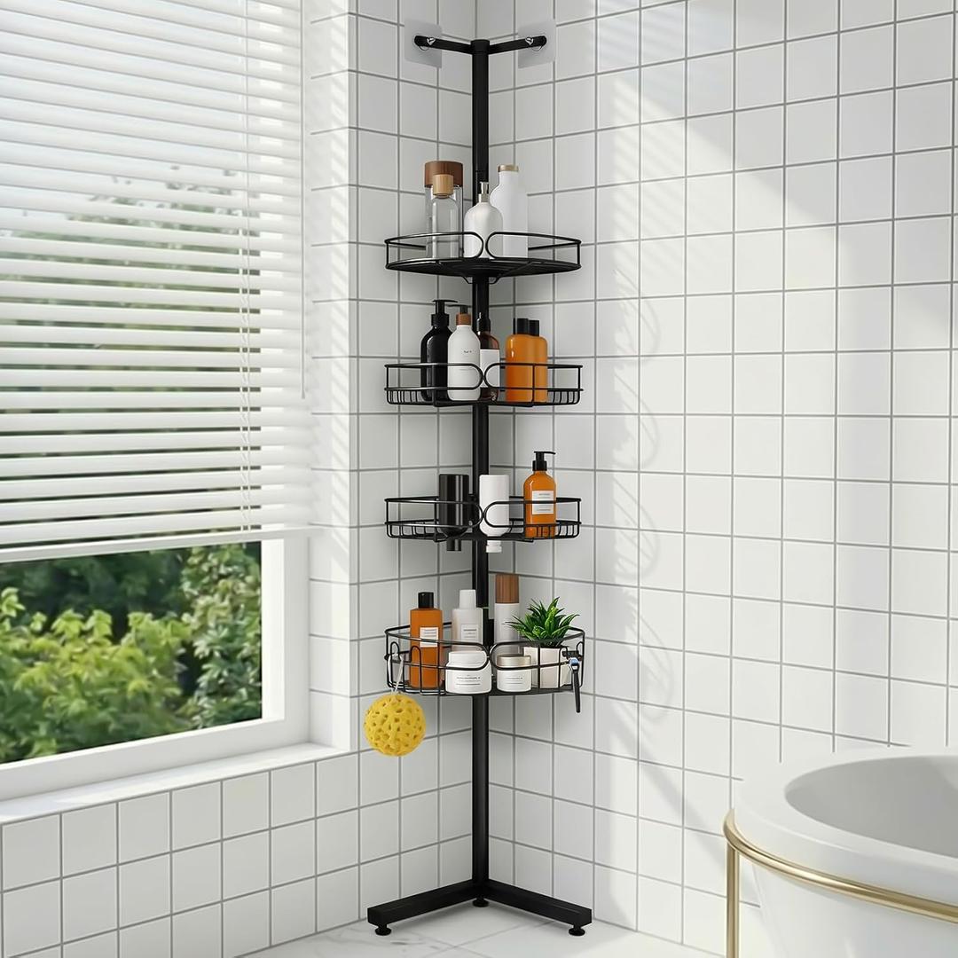 Standing Shower Caddy Corner, 4-Tier Adjustable Height Bathroom Organizer, 6-Section Pole, Sturdy Floor Standing Shelf for Shower or Bathtub  No Drilling, No Spring Tension