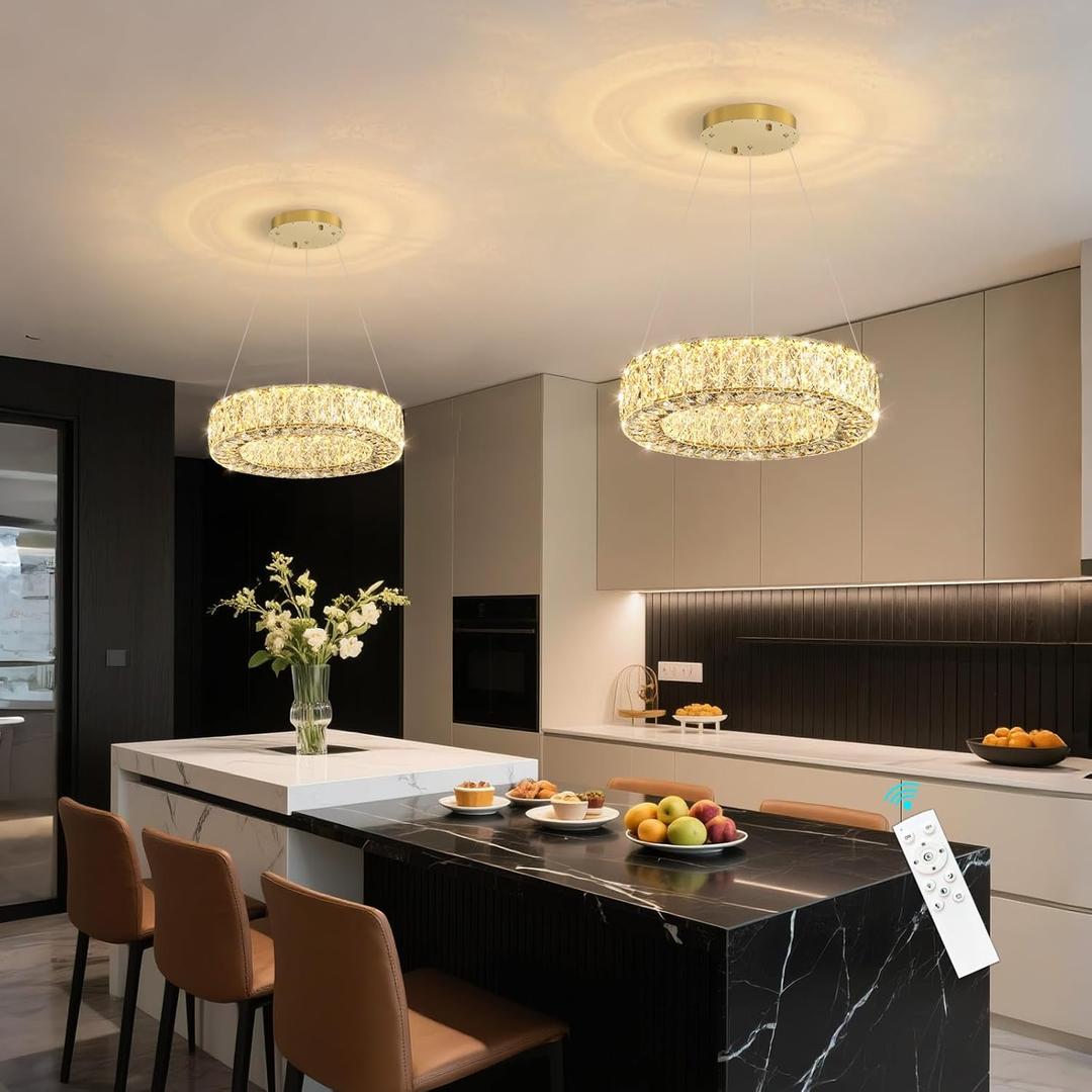Modern Chandelier for Dining Room Dimmable LED Pendant Lights for Kitchen Island Lighting Gold Ring Crystal Chandeliers for Bedroom Entrance Living Room, Ring 12"