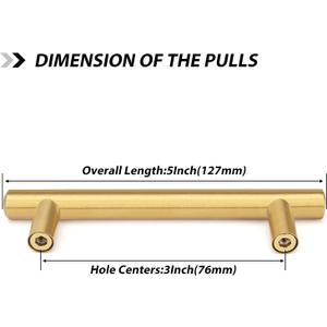 goldenwarm 1 Piece Gold Cabinet Drawer Pulls Kitchen Hardware Brushed Brass Cabinet Handles T Bar Door Pull Knobs 3in Hole Centers, 5in Overall Length