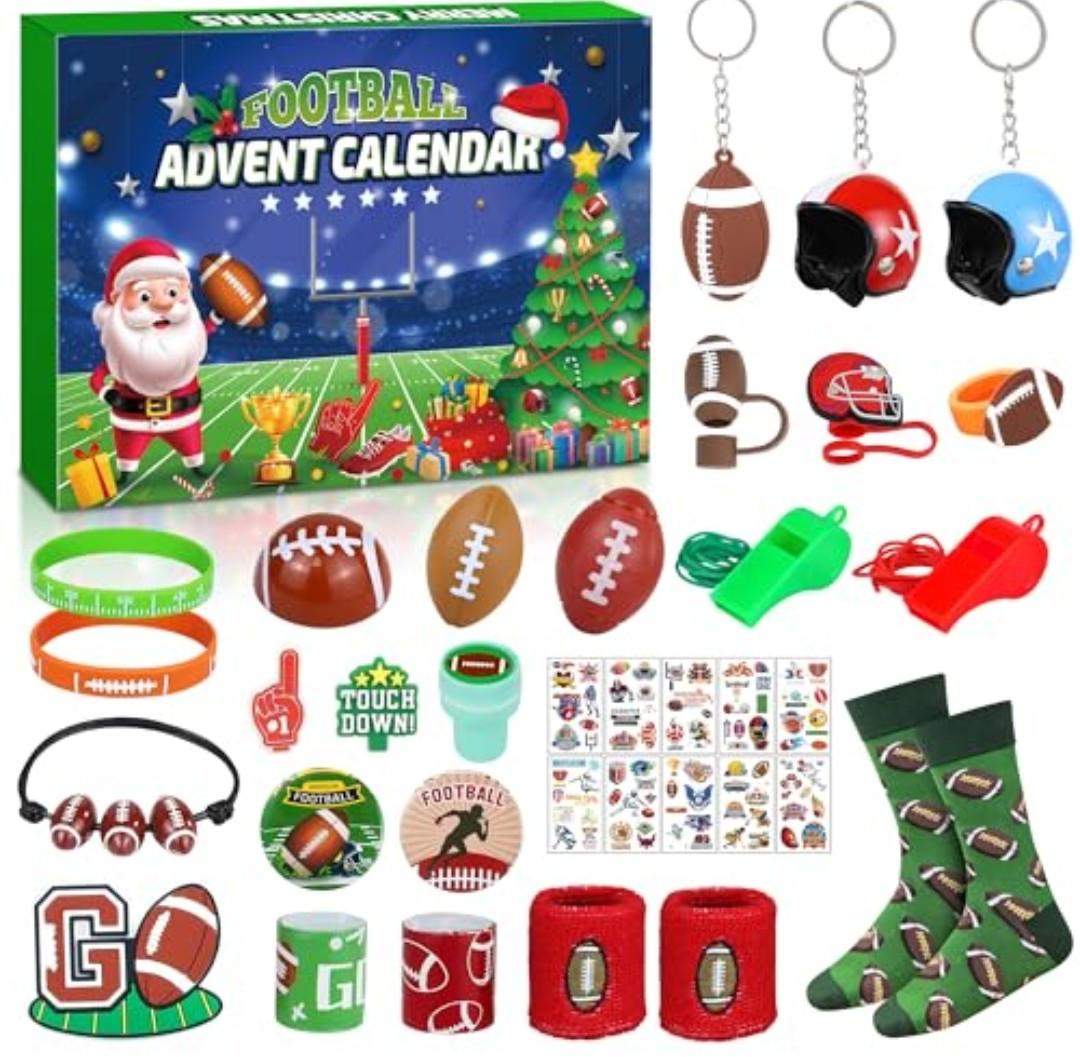 Football Advent Calendar 2025 for Boys, 24 Day Christmas Countdown Calendar Football Favors Supplies, Sport Rugby Themed Xmas Gifts for Kids Boys Teens Football Player 2 Pack