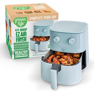 GreenLife 4.5QT Air Fryer, Mechanical Dial Controls, PFAS-Free Ceramic Nonstick Drawer, Adjustable Temp & Timer, LED Indicator, Oil-Less Cooking, Dishwasher Safe, Compact Family Size, Blue
