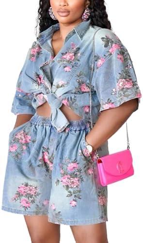 Mandonce Denim 2 Piece Set Flower Print Short Sleeve Distressed Denim Shirt Elastic Waist Shorts Sets Trendy Vacation Outfits, Size M