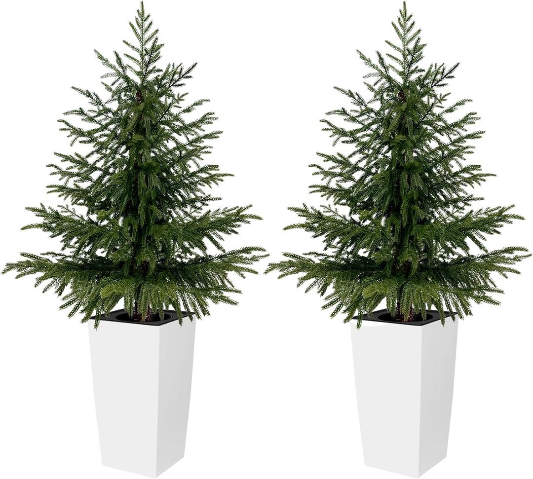 4FT Tall 2 Pack Artificial Cedar Topiary Trees with Spreading Layered Shape, Realistic Faux Cypress in Square White Pot with Fillable Water Bag, Outdoor Evergreen for Front Porch Garden Home Decor (White)