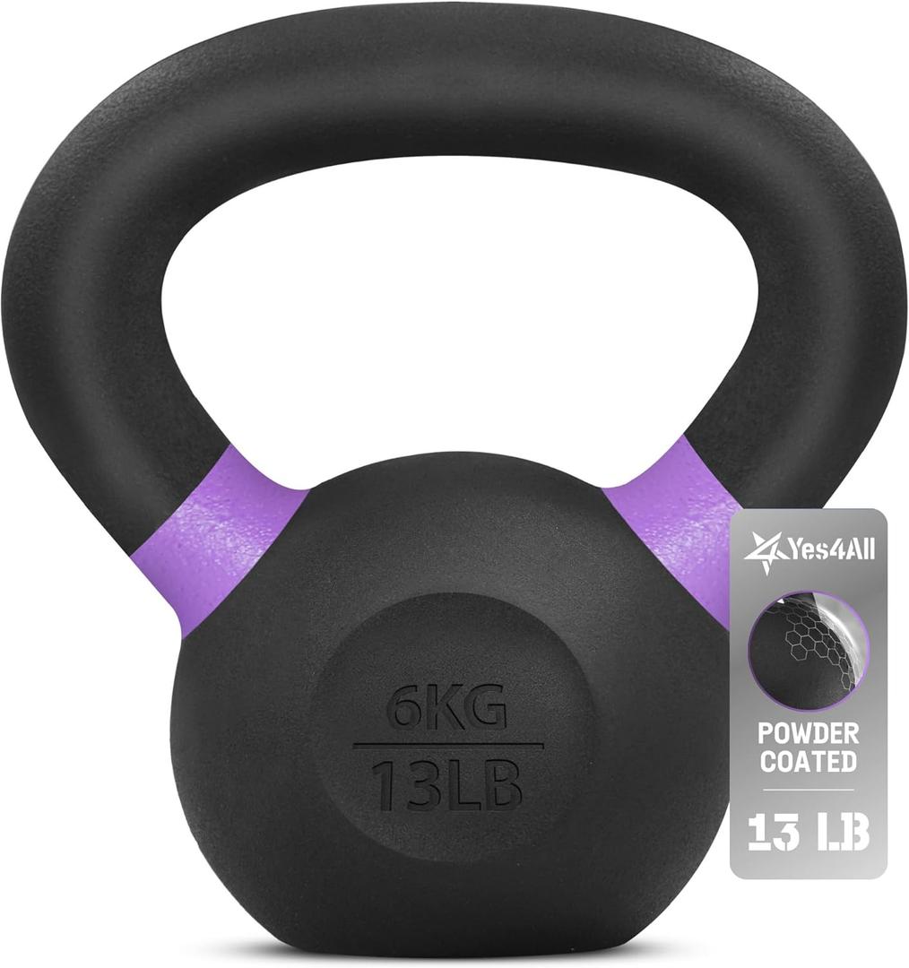 Yes4All Powder Coated Kettlebell, Cast Iron Core Kettlebells with Non-Slip Handle & Flat Bottom for Conditioning, Heavy Duty for Strength Training, 9lb to 71lb - Single & Pair (B - Purple - 6 KG / 13 LB)