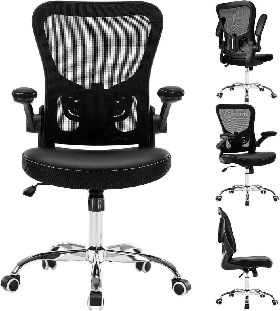 Ergonomic Office Chair Adjustable PU Leather Computer Chair with Lumbar Support,Flip-Up Arms, Breathable Mesh Back, Swivel Rolling Executive Desk Chair for Home Office, Black