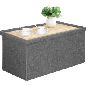 PINPLUS Folding Storage Ottoman Bench with Lid Tray, 30 inches Ottoman Coffee Table Grey Cube Chair Foot Rest Stool Storage Chest for Living Room Bedroom, Holds up to 550 lb