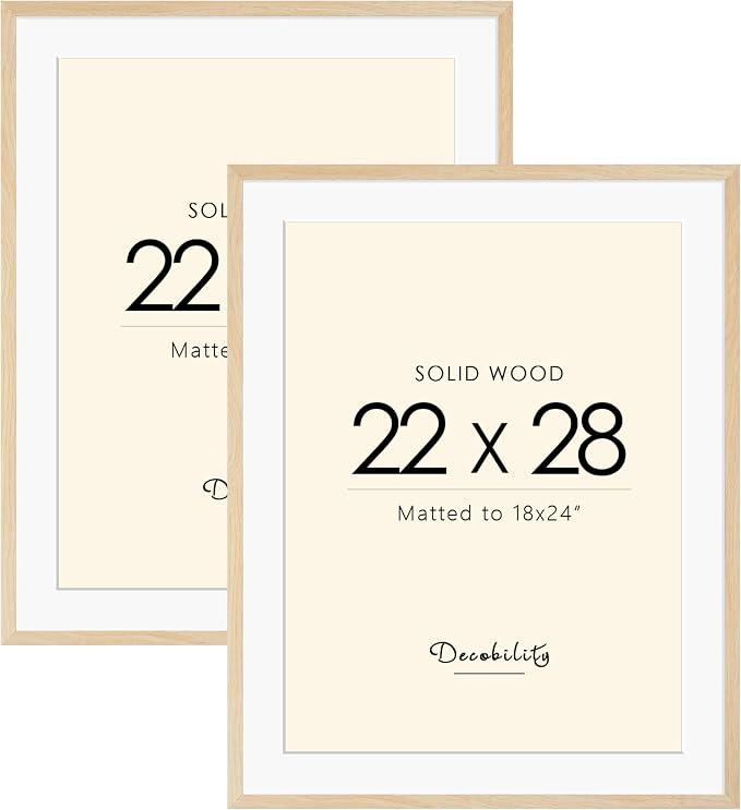 Decobility 22x28 Solid Wood Poster Frame, Natural Wood Picture Frame with Paper Mat, Display picture 18x24 with mat or 22x28 without Mat, Set of 2 Oak Wood Grain Picture Frame