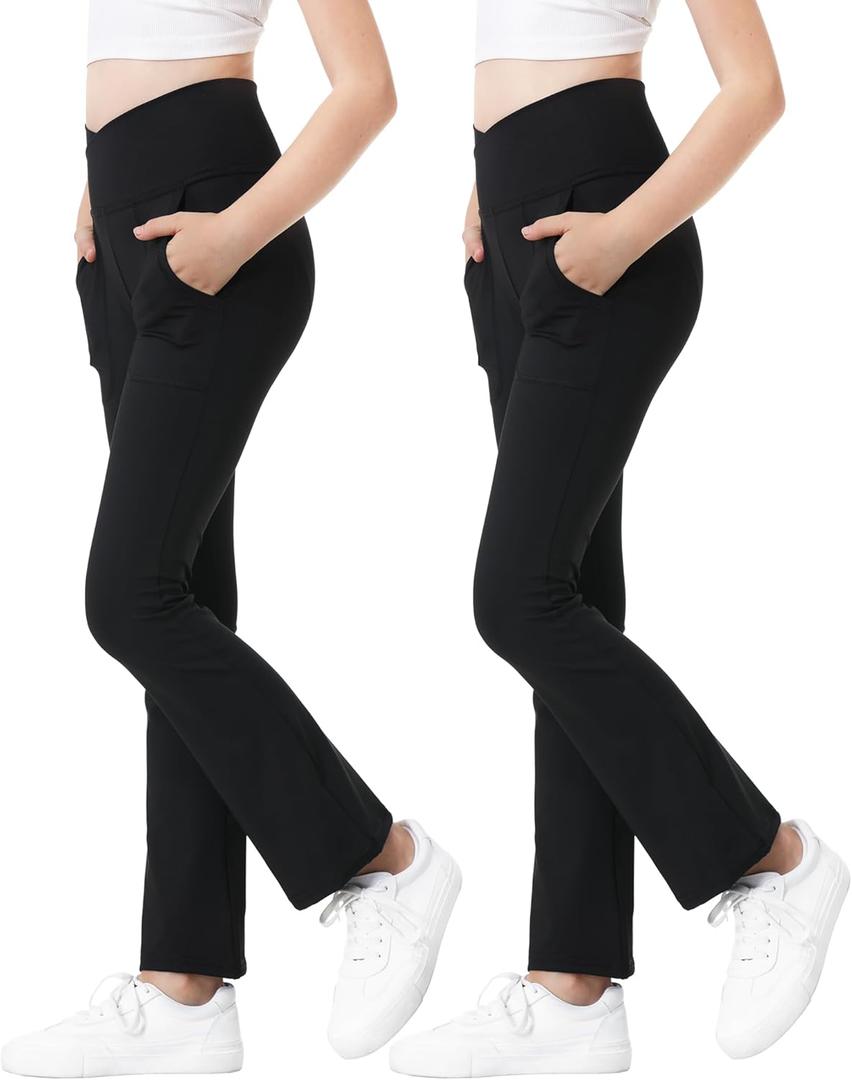 Girls Flare Leggings High Waisted Flare Pants with Pockets Bootcut Black Bell Bottoms Stretchy V-Cross 5-16 Years (9-10 Years)