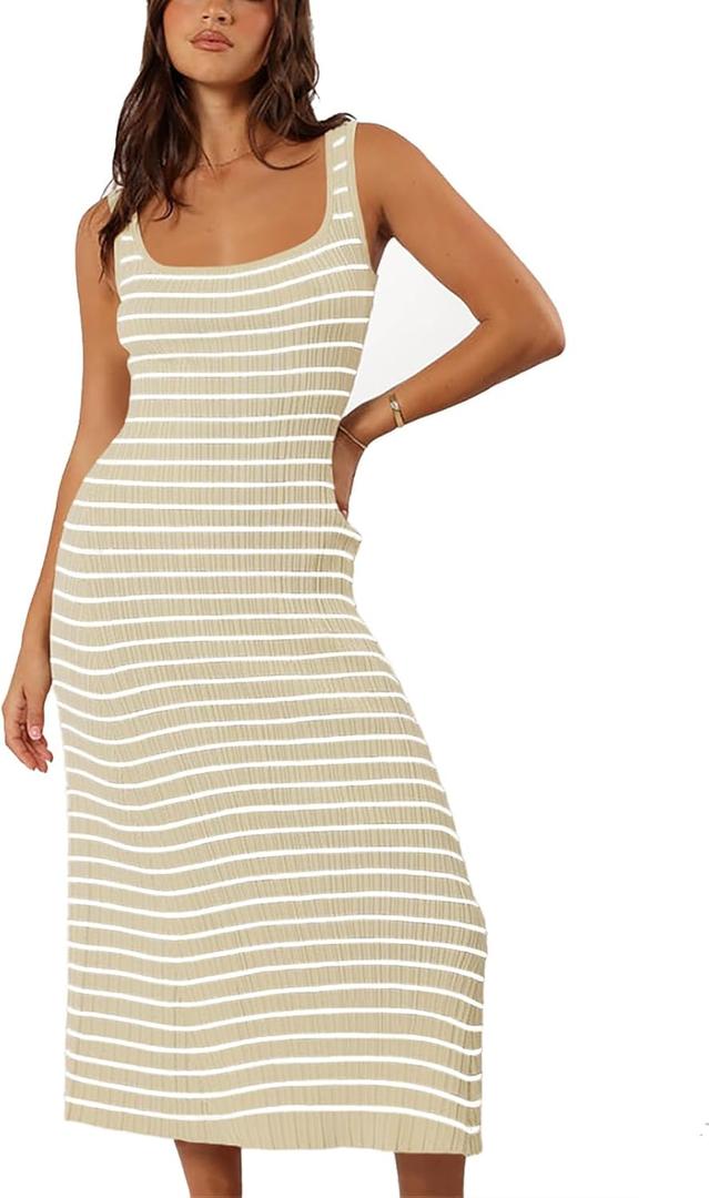 Womens Striped Bodycon Long Dress 2025 Summer Sleeveless Square Neck Ribbed Knit Tank Dress (XL)