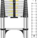 Telescoping Ladders 16.5 FT Aluminum Ladder - One-Button Retraction Collapsible Extension Ladder for Home, RV, Attic & Loft, Lasts 330 LBS with 2 Triangle Stabilizers and 2 Detachable Hooks (16.5 FT (Hooks))