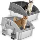 2 Pack Stainless Steel Cat Litter Box with Lid, XL Extra Large for Big Cats, 24" L x 16" W x 12" H, Metal Litter Box High Sided, Easy Cleaning, Include Scoop (Dark Gray & Light Gray)