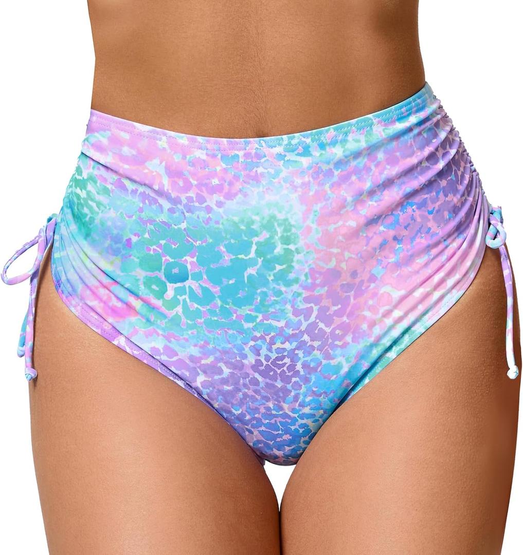 JOYBIK Women's High Waisted Full Coverage Bikini Bottoms Tummy Control Adjustable Drawstring Swim Bottoms, Large