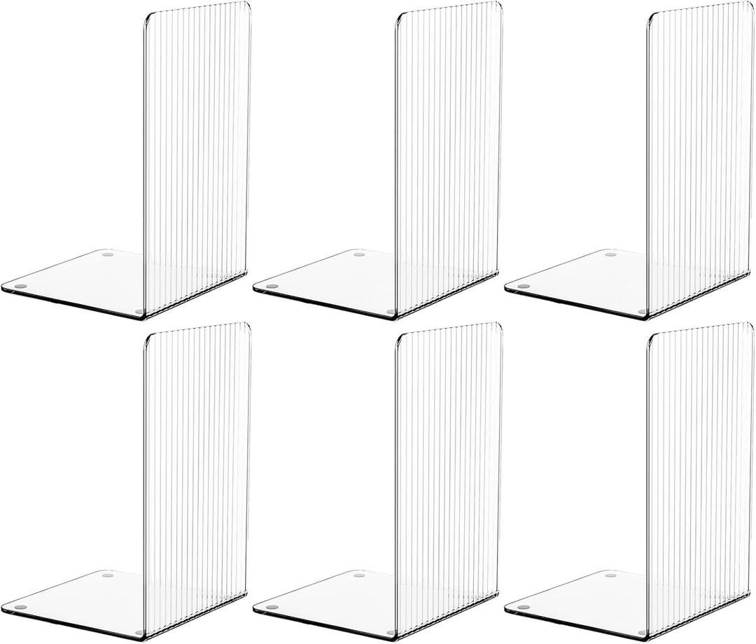 SUOXING 6 PCS Clear Acrylic Book Ends for Shelves Decorative,Invisible Book Stopper with Non-Slip Mats for Heavy Books,Small Acrylic Bookends for Home Office School Supplies and Kids Bookshelf