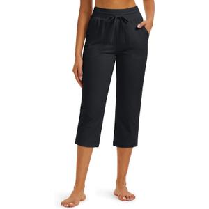 MAGCOMSEN Cotton Capri Pants for Women Yoga Capris with Pockets High Waist Straight Leg Casual Workout Summer Sweatpants (Black, S)