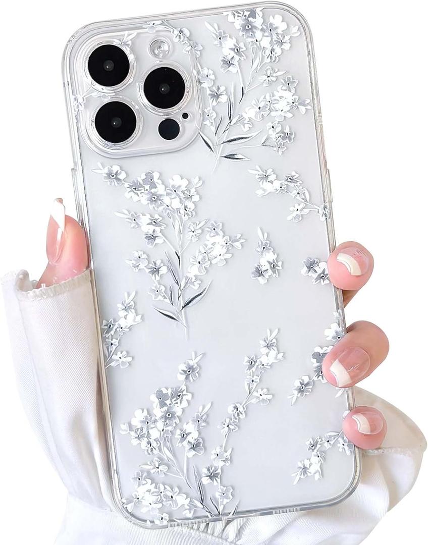 NITITOP Compatible with iPhone 16 Pro Case Cute Clear Flower Floral Artistic Design for Women Girls Stylish Slim Soft TPU Shockproof Protective Girly Phone Cover - White