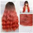 Orange and Pink Long Wig for Women with Bangs Curly Wavy Ombre Blonde 24 Inch Synthetic Natural Hair Wig for Halloween Cosplay Use
