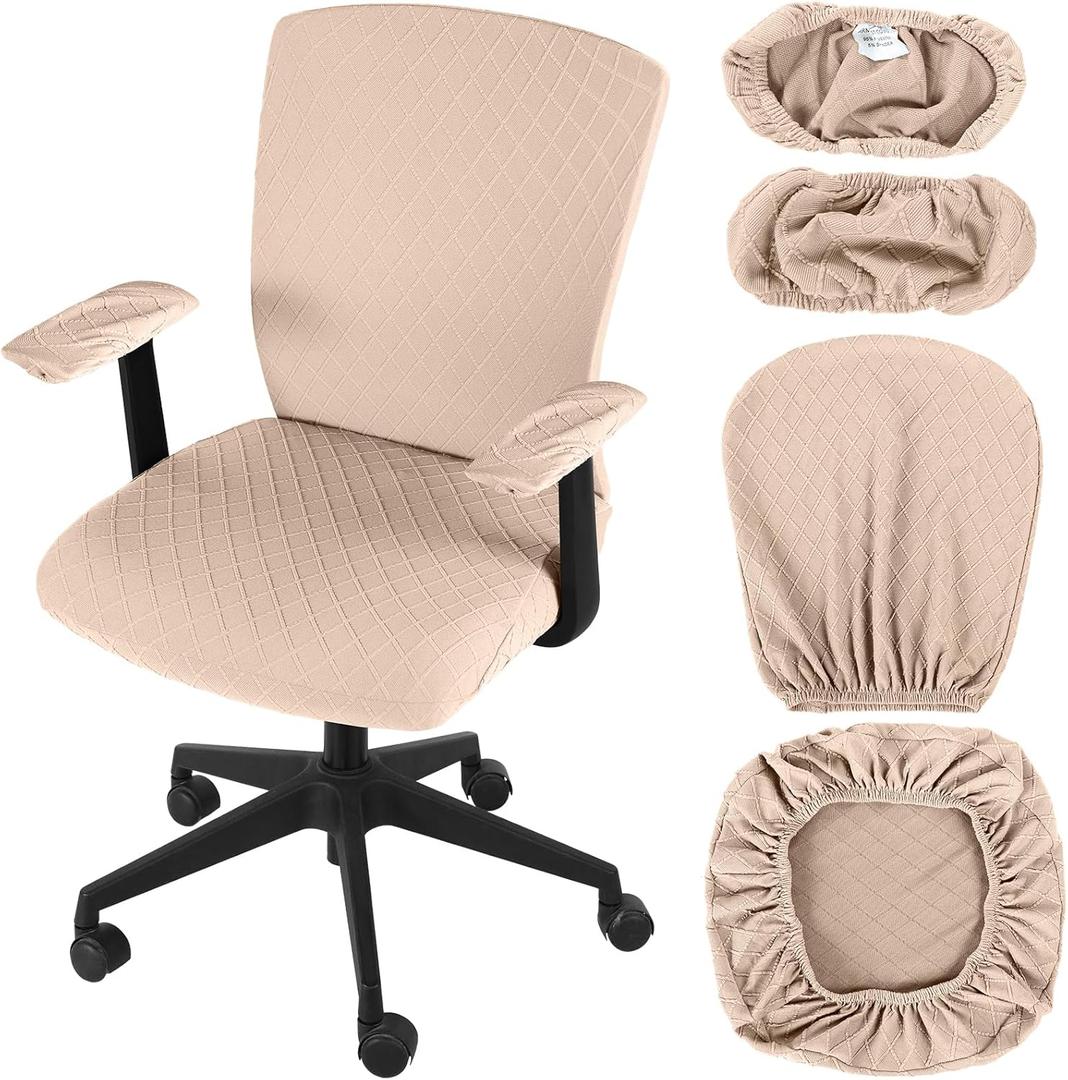 Tallew 4 Pcs Office Chair Covers Set Computer Universal Protective Stretchable Chair Seat Covers Desk Armrest Slipcovers Pads Office Cushion Backrest for Rotating(Camel)