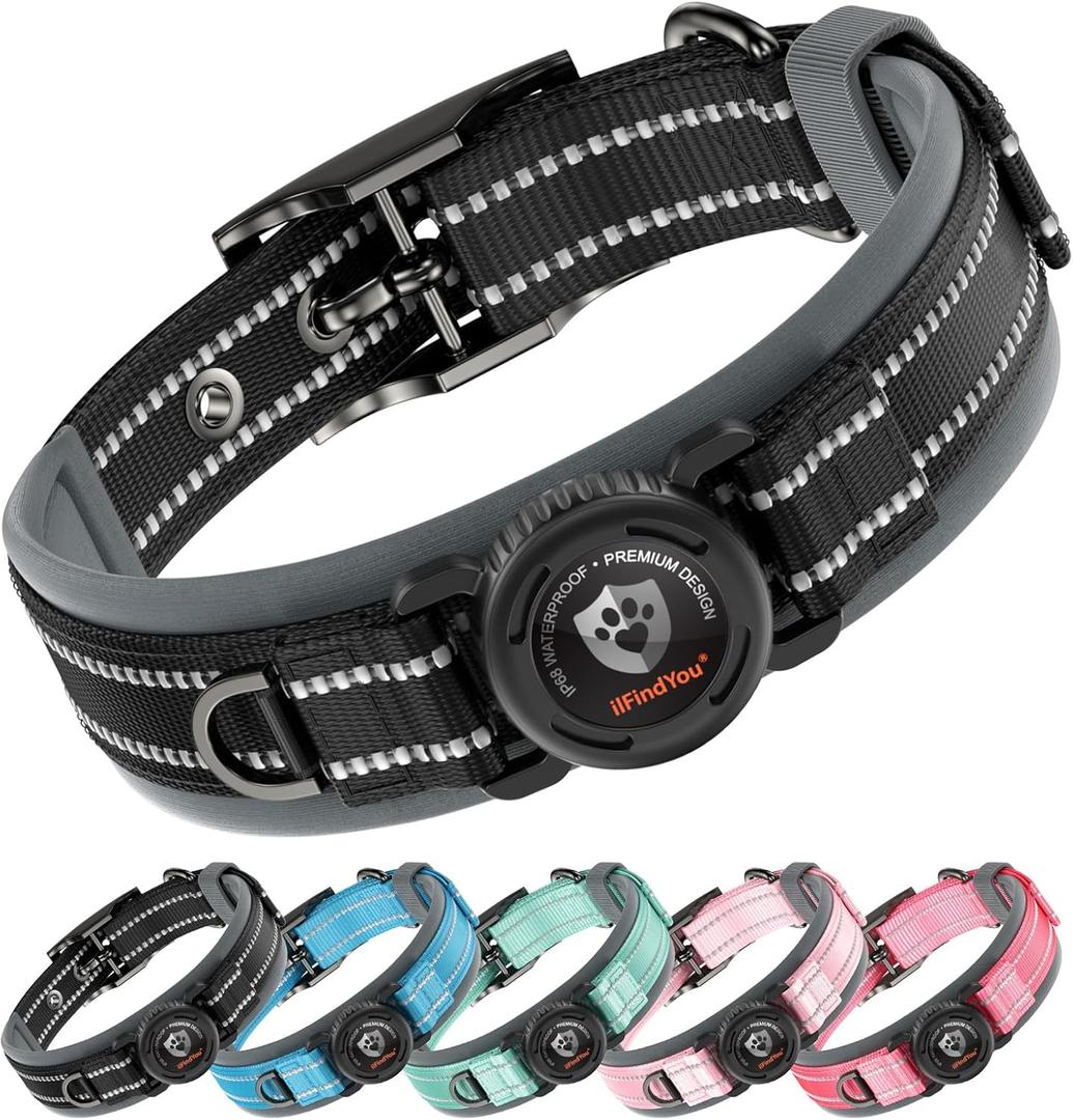 Dog Collar with Airtag Holder for XLarge Dogs, Upgraded Waterproof Air Tag Dog Collar Widened Comfortable Padded, Reflective, Ultra-Durable, Heavy Duty Dog Collars Adjustable - XL(24" - 28") Black