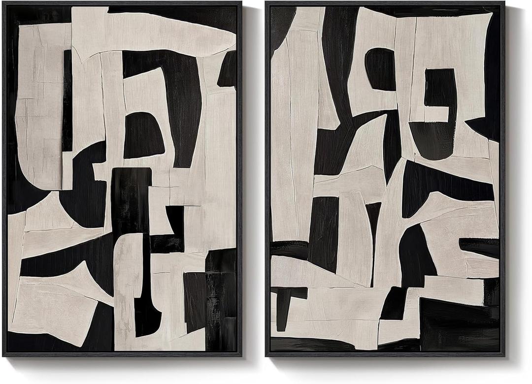 Framed Black and Beige Abstract Wall Art, 2 Piece Canvas Prints Paintings Artwork for Walls, Modern Minimalist Abstract Pictures for Living Room Hallway Bedroom Office Bathroom Wall Decor 16x24 In