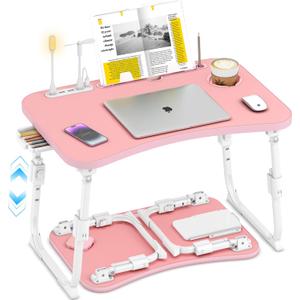 Lap Desk for Bed Adjustable Height, Foldable Bed Table with Storage Drawer, Tablet Slot & Cup Holder, Portable Laptop Stand for Bed & Sofa, Bed Desk for Adults & Kids, Pink