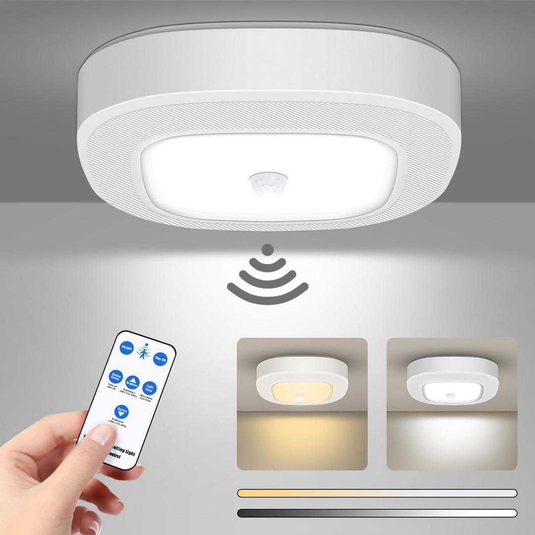 Battery Powered Motion Sensor Light Indoor with Remote, 300LM Dimmable Battery Operated Ceiling Light, 3000K&6000K Color Changeable Wireless Ceiling Light For Closets Shower Living Room Hallway Porch