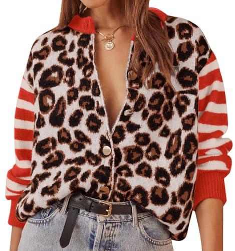 ACCPUR Leopard Striped Cardigans for Women Cheetah Open Front Sweater Knit Button Down Fall Clothes Long Sleeve Outwear Coats Size M