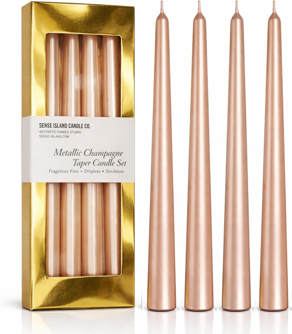 3 x Champagne Taper Candles 10'' with Pearl Shimmer – Set of 4 | Dripless & Smokeless | Fragrance Free | Gold Gift Box | Elegant Table Candles for Home Decorations, Wedding Receptions Events
