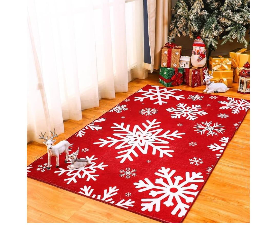 3 x 5 Christmas Area Rug Xmas Snowflake Washable Non Slip Rug, Red White Xmas Winter Doormat Holiday Decor Carpet for Living Room Bedroom Dining Room Kitchen Bathroom Hallway