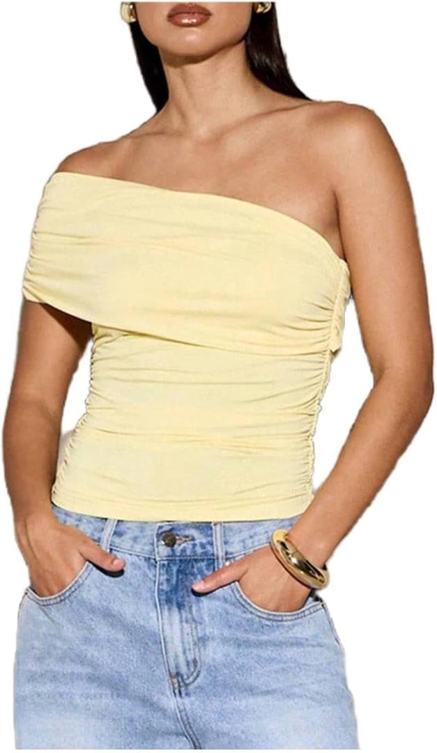 Milumia Women's Ruched Off The Shoulder Tops Y2K Asymmetrical Neck Sleeveless Tank Top (Medium, Yellow Plain)