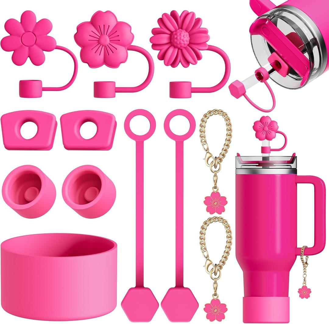 12Pcs Compatible with Stanley Cup Accessories - 3 Flower Straw Toppers for Stanley Straw Cover 9-10 mm, 1 Silicone Boots, 6 Spill Proof Stopper, 2 Charms for 30&40 Oz Tumbler Hot Pink