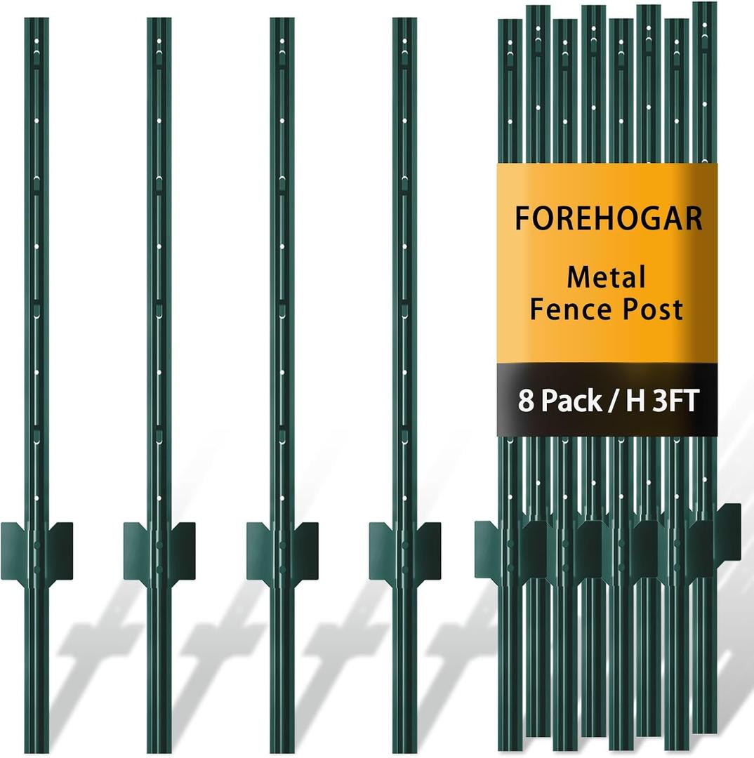 Metal Fence Post 3 Feet Green, Pack of 10, T Posts for Wire Fence, No Dig Steel U Posts Fencing for Lawn Garden Wire Mesh Fence Poles Sign Outdoor Light Duty