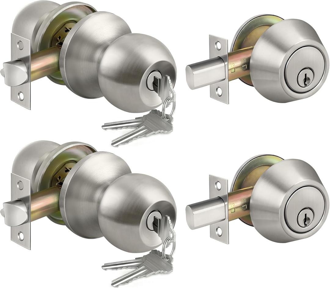 BESTTEN 2 Pack Keyed Same Exterior Door Knobs and Single Cylinder Deadbolts Combo Set, Keyed Alike Entry Door Knobs with Locks and Keys for Entrance and Front Door, Satin Nickel
