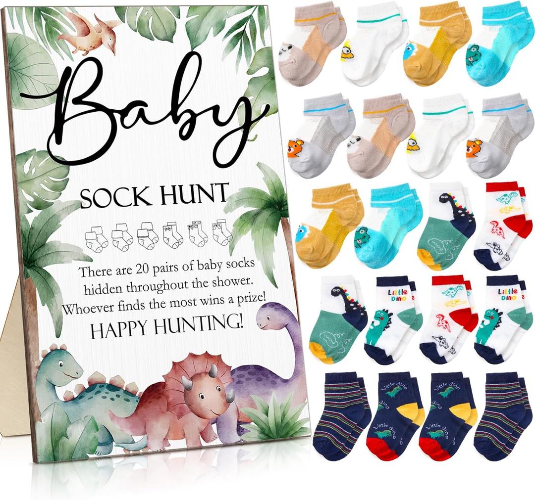 Hoteam 21 Pcs Baby Shower Games Include Baby Sock Hunt Sign and 20 Pair Small Cotton Socks Wooden Table Sign with Holder for Gender Reveal Party Favors(Delicate Style)