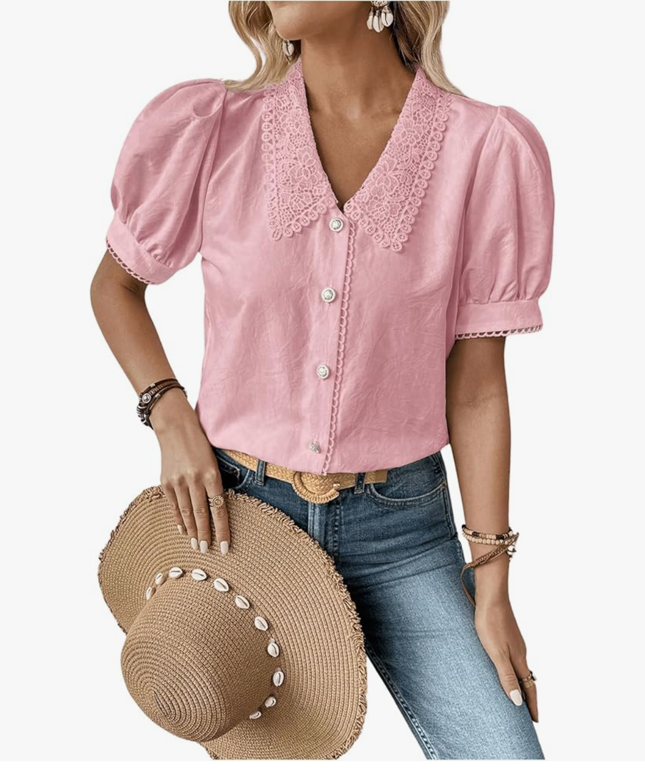 SweatyRocks Women's Puff Short Sleeve Collar Button Front Blouse V Neck Contrast Lace Shirt Tops, Medium
