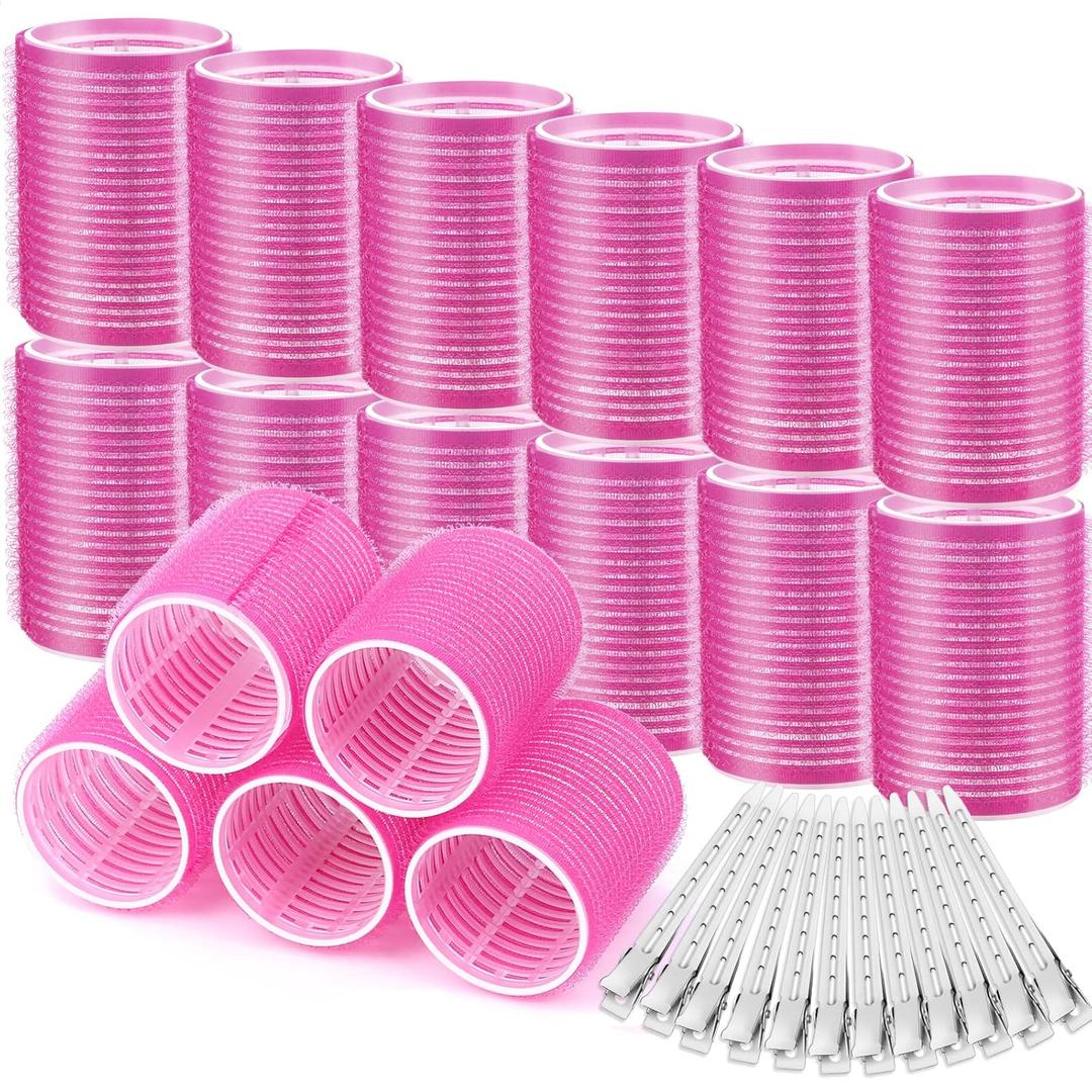 Big Self-Grip Hair Rollers with Stainless Steel Duckbill Clips for Long, Medium Hair and Volume (Rose Red)