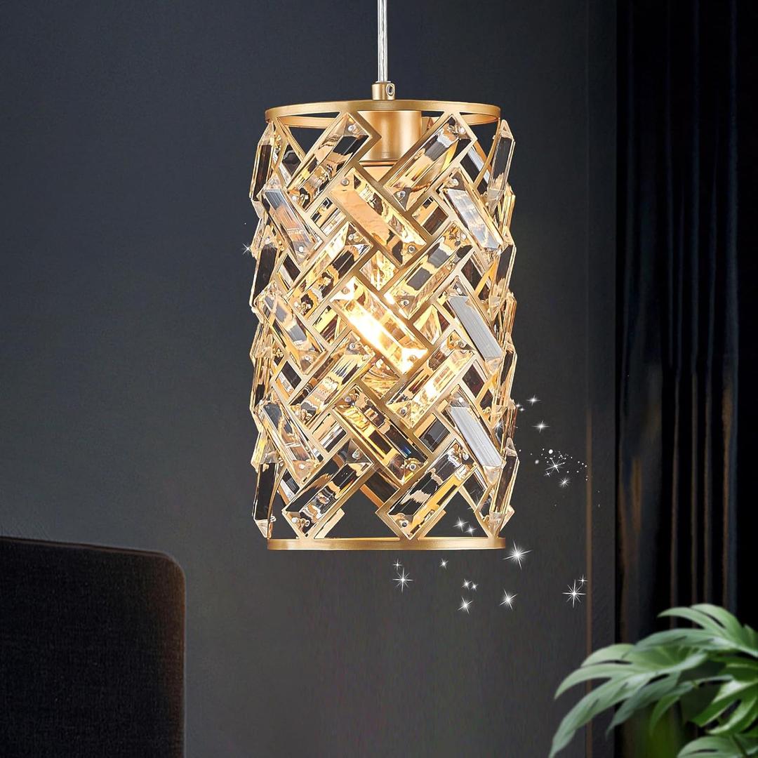 1-Light Gold Crystal Pendant Light, Mini Ceiling Hanging Light Fixture with K9 Prisms for Kitchen Island, Bathroom, Bedroom, or Bar