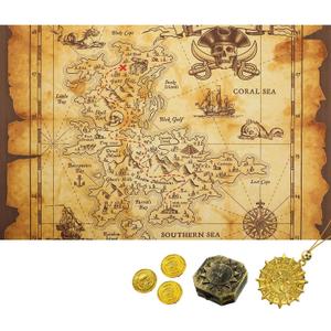 Gejoy Detailed Pirate Treasure Map, Vintage Gold Secret Sea Historical Theme Party Accessory, Compass Necklace Plastic Coins Toy, Pirate Theme Party Supplies