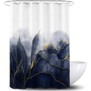 Navy Blue Marble Shower Curtain Stylish Ombre Dark Blue and Gold Marble Leaves Bathroom Curtains Abstract White Golden Fabric Waterproof Polyester 72 x 72 Inches