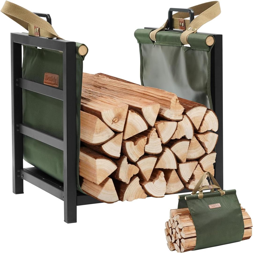 Firewood Rack Indoor Outdoor with Firewood Carrier, Fireplace Wood Log Holder Heavy Duty Metal, Indooor Firewood Holder for Fireplace Wood Storage, 16 inch, Green