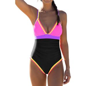 popvil One Piece Swimsuit 2025 Tummy Control Women Bathing Suit Shapewear Swimsuits Slimming Neon Cute Tie Back Swimwear (Medium, Black3)