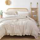 JANZAA Comforter Set Full Size Beige Ruffle Comforter 3PCS Soft Fluffy Comforter Vintage Farmhouse Bed Comforter Set Shabby Chic Bedding with 2 Off White Pillowcases