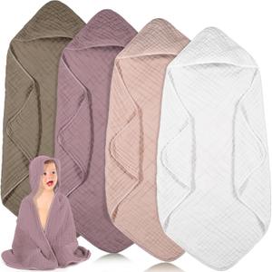 Peryiter 4 Pcs Muslin Hooded Baby Towels,32"x 32" Cotton Newborn Bath Towel Muslin Infant Baby Blankets Absorbent Unisex Newborn Registry Gift for Girls Boys (Coffee)